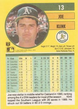 1991 Fleer #13 Joe Klink Back