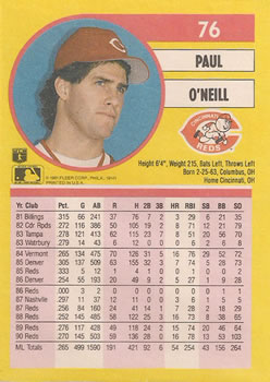1991 Fleer #76 Paul O'Neill Back