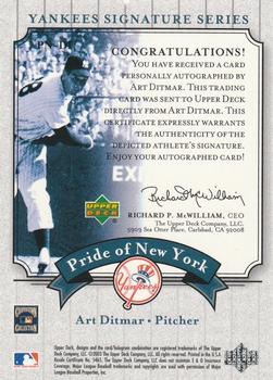 2003 Upper Deck Yankees Signature Series - Pride of New York Autographs #PN-DI Art Ditmar Back