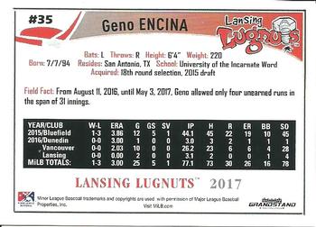 2017 Grandstand Lansing Lugnuts #NNO Geno Encina Back