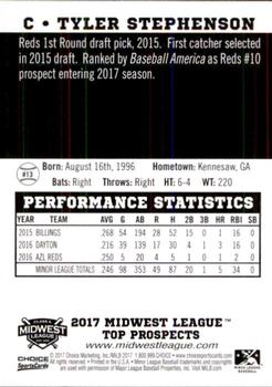2017 Choice Midwest League Top Prospects #13 Tyler Stephenson Back
