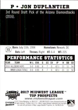 2017 Choice Midwest League Top Prospects #18 Jon Duplantier Back