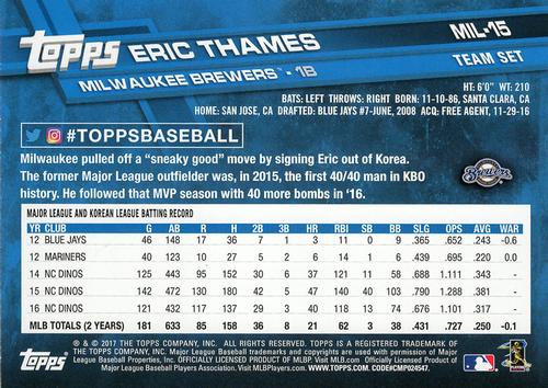 2017 Topps Milwaukee Brewers 5x7 #MIL-15 Eric Thames Back