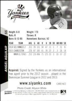 2016 Choice Staten Island Yankees #22 Angel Aguilar Back