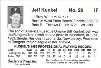 1984 Jarvis Press Texas Rangers #NNO Jeff Kunkel Back