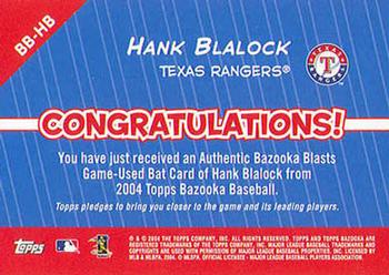 2004 Bazooka - Blasts Bat Relics #BB-HB Hank Blalock Back