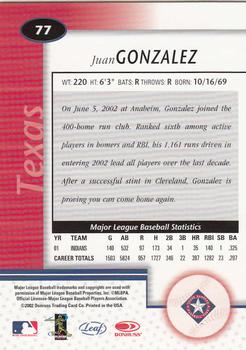 2002 Leaf Certified #77 Juan Gonzalez Back