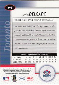 2002 Leaf Certified #94 Carlos Delgado Back