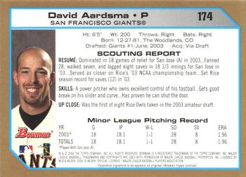 2004 Bowman - Gold #174 David Aardsma Back