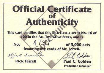 1993 Front Row Premium All-Time Greats Rick Ferrell #NNO Certificate of Authenticity Front