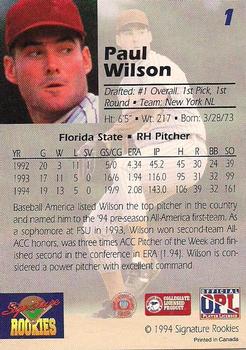 1994 Signature Rookies Draft Picks - Bonus Promo #1 Paul Wilson Back