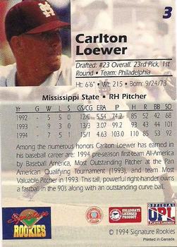 1994 Signature Rookies Draft Picks - Bonus Promo #3 Carlton Loewer Back