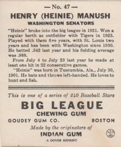 1977 Dover Publications Classic Baseball Cards Reprints #47 Heinie Manush Back