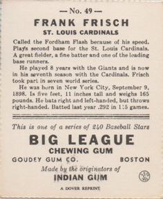 1977 Dover Publications Classic Baseball Cards Reprints #49 Frankie Frisch Back