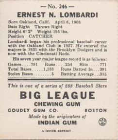 1977 Dover Publications Classic Baseball Cards Reprints #246 Ernie Lombardi Back