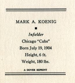 1977 Dover Publications Classic Baseball Cards Reprints #NNO Mark Koenig Back