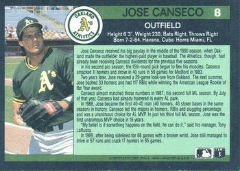 1991 Fleer - '91 Fleer All-Star Team #8 Jose Canseco Back