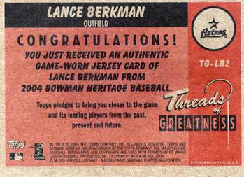 2004 Bowman Heritage - Threads of Greatness #TG-LB2 Lance Berkman Back