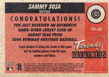 2004 Bowman Heritage - Threads of Greatness #TG-SS Sammy Sosa Back