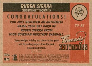 2004 Bowman Heritage - Threads of Greatness Gold #TG-RS Ruben Sierra Back