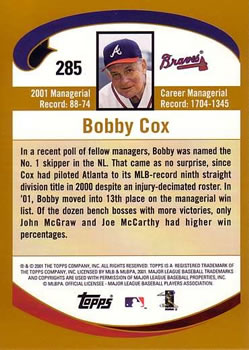 2002 Topps #285 Bobby Cox Back