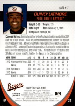 2016 Choice Bowie Baysox #17 Quincy Latimore Back