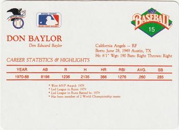 1990 MVP Baseball All-Star Card Game #15 Don Baylor Back