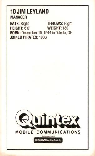 1993 Quintex Pittsburgh Pirates SGA #NNO Jim Leyland Back