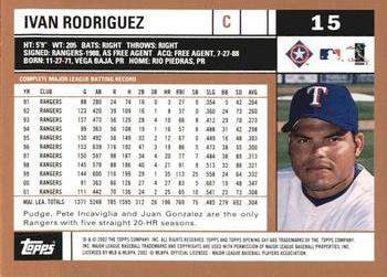 2002 Topps Opening Day #15 Ivan Rodriguez Back