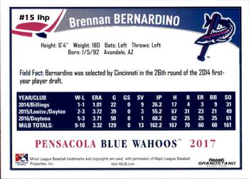 2017 Grandstand Pensacola Blue Wahoos #NNO Brennan Bernardino Back