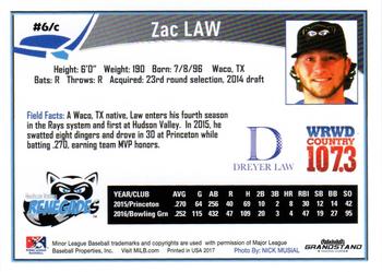 2017 Grandstand Hudson Valley Renegades #NNO Zac Law Back