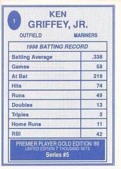 1989 Premier Player Gold Edition Series 5 (unlicensed) #1 Ken Griffey Jr. Back
