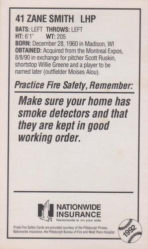 1992 Pittsburgh Pirates Fire Safety #NNO Zane Smith Back