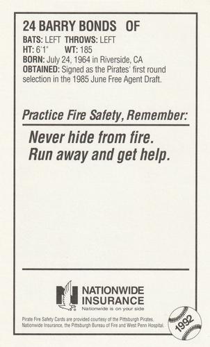 1992 Pittsburgh Pirates Fire Safety #NNO Barry Bonds Back