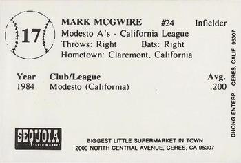 1985 Chong Modesto A's #17 Mark McGwire Back