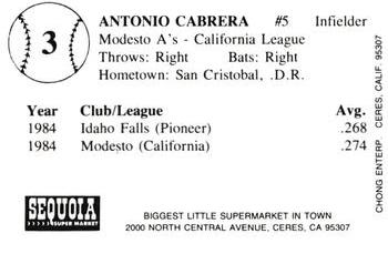 1985 Chong Modesto A's #3 Antonio Cabrera Back
