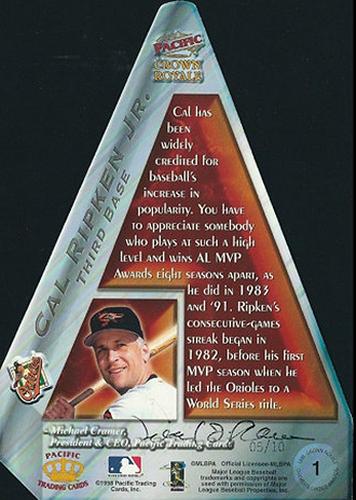 1998 Pacific Crown Royale - Cramer's Choice Premiums Autographs #1 Cal Ripken Jr. Back