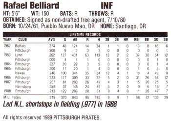 1989 Veryfine Pittsburgh Pirates #NNO Rafael Belliard Back