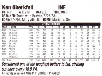 1989 Veryfine Pittsburgh Pirates #NNO Ken Oberkfell Back