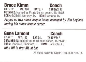 1989 Veryfine Pittsburgh Pirates #NNO Bruce Kimm / Gene Lamont Back