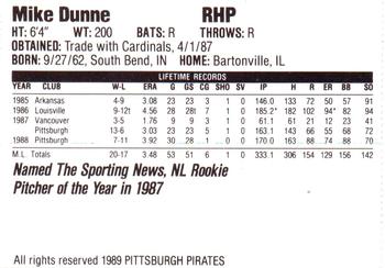 1989 Veryfine Pittsburgh Pirates #NNO Mike Dunne Back