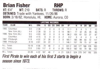 1989 Veryfine Pittsburgh Pirates #NNO Brian Fisher Back