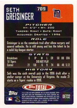 2002 Topps Total #709 Seth Greisinger Back