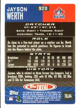 2002 Topps Total #920 Jayson Werth Back