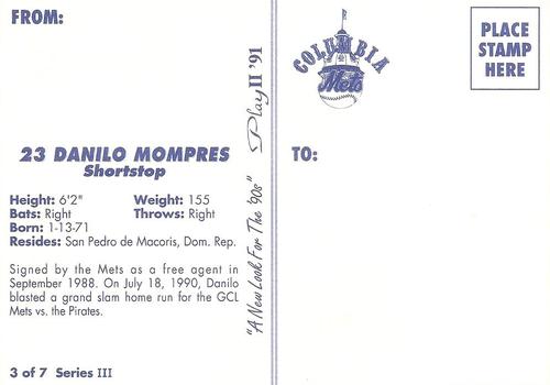 1991 Play II Columbia Mets Postcards #17 Danilo Mompres Back