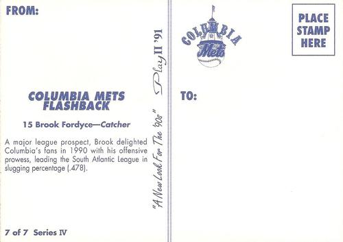 1991 Play II Columbia Mets Postcards #28 Brook Fordyce Back