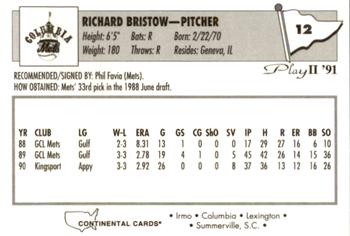 1991 Play II Columbia Mets #12 Richie Bristow Back