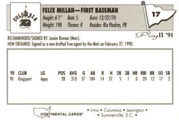 1991 Play II Columbia Mets #17 Bernie Millan Back