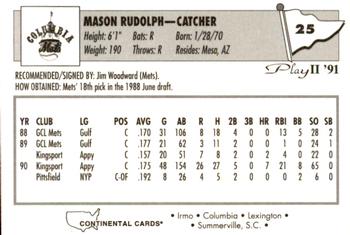 1991 Play II Columbia Mets #25 Mason Rudolph Back