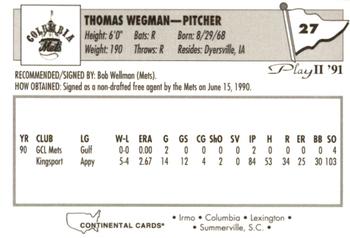 1991 Play II Columbia Mets #27 Tom Wegman Back